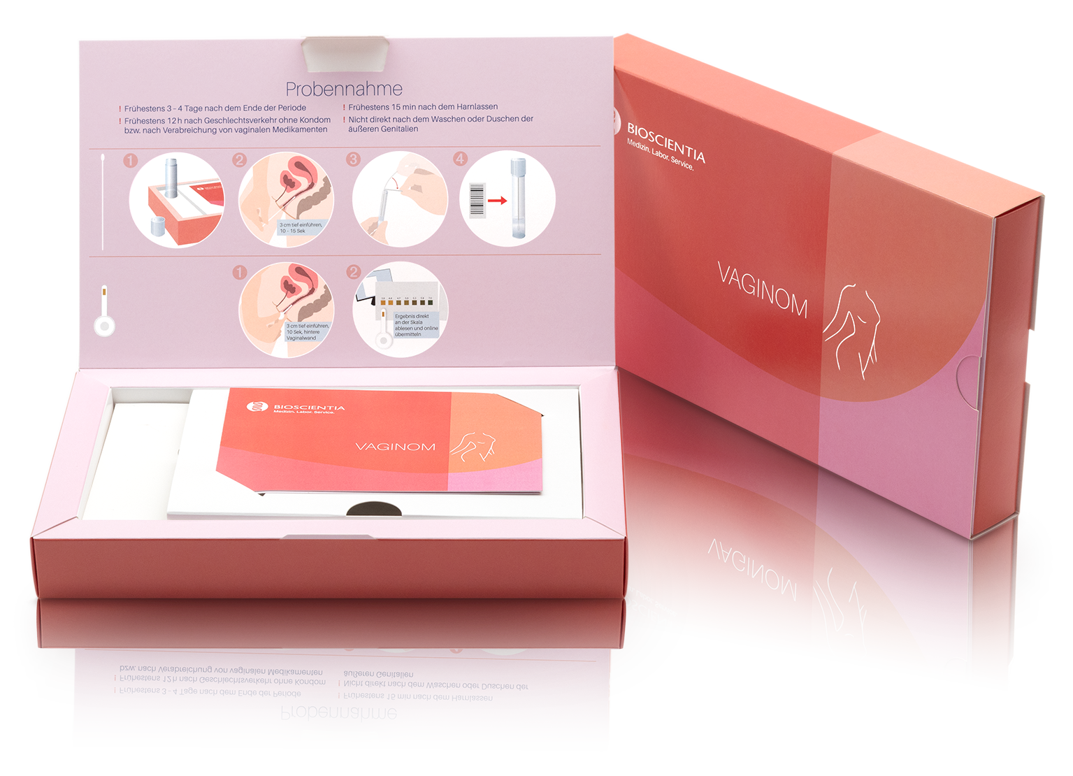 Ein geöffnetes Vaginom Testkit steht neben einem geschlossenen.