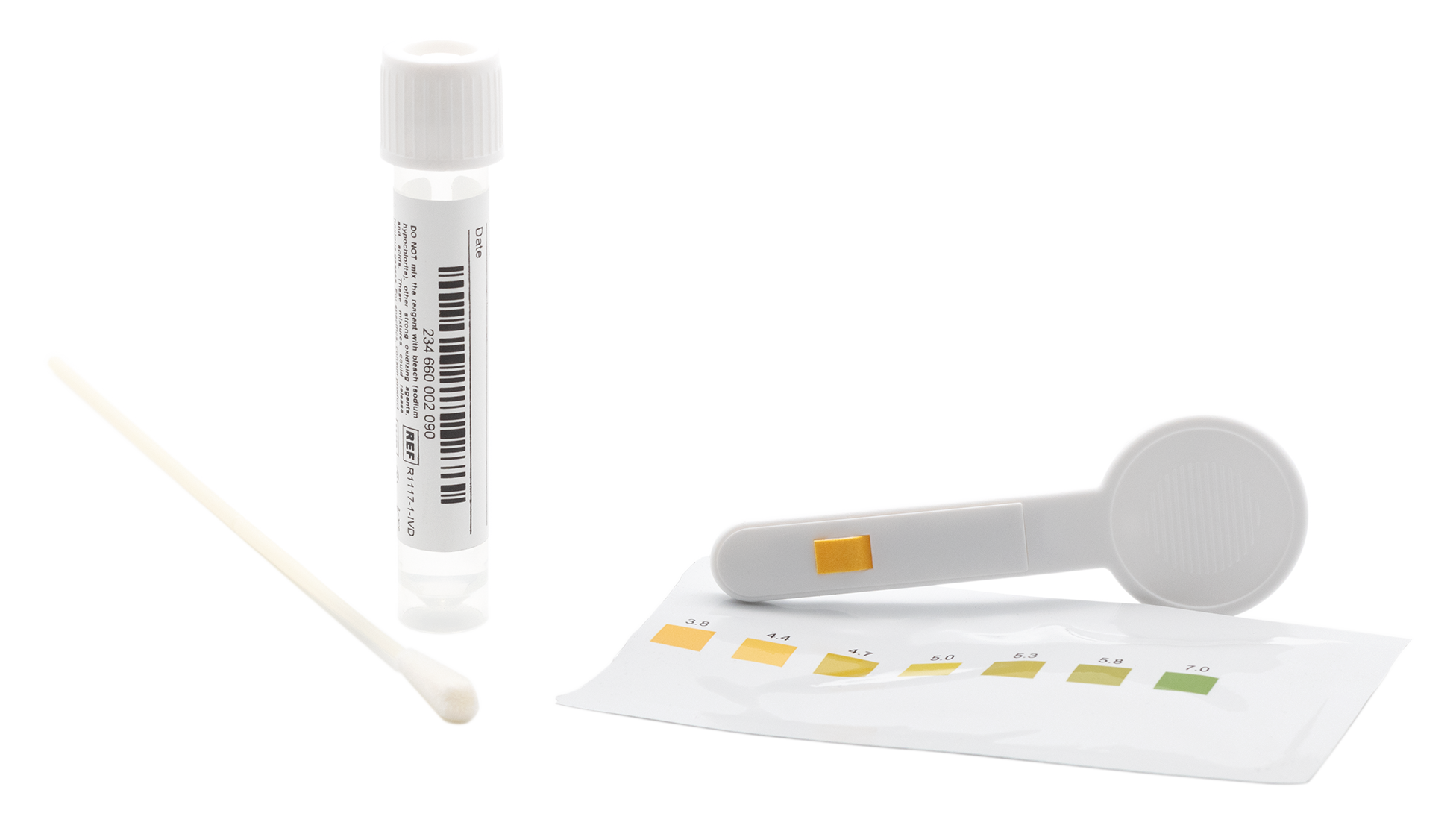 Das Teströhrchen und der pH-Test aus dem Vaginom Testkit